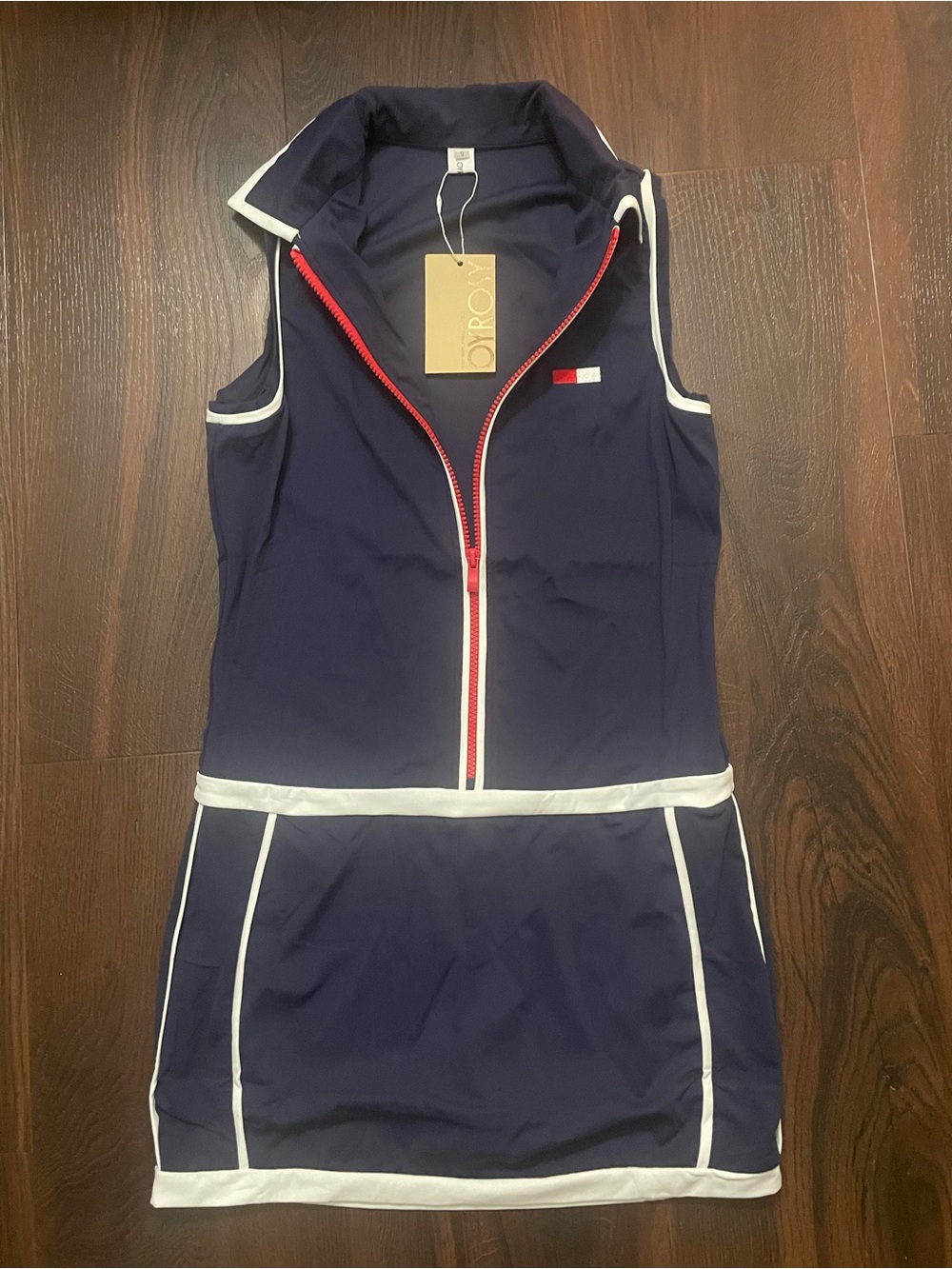 NWT Oyrosy Retro Sport Label Zip Mini Dress-Navy Blue Small